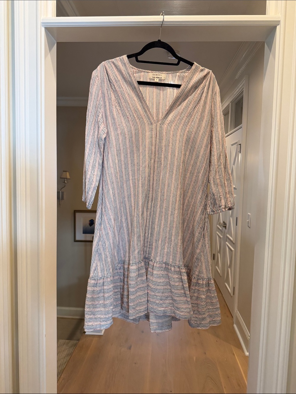 The Odells Striped V-Neck Tiered Shift Dress in Blue & Red Mimi stripe(bw)